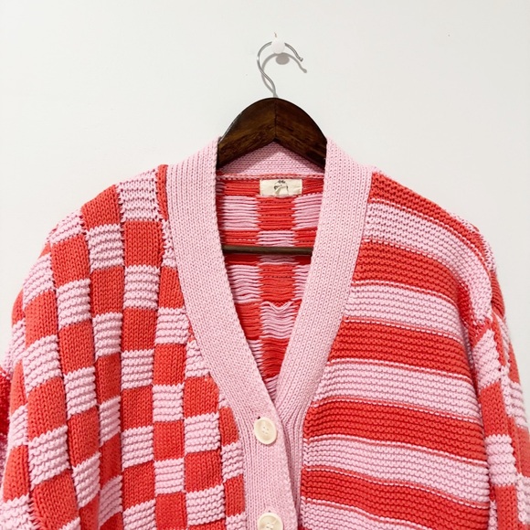 Entro Mixed Print Knit Cardigan Womens Size Small Checkered Striped Cropped - Picture 2 of 8